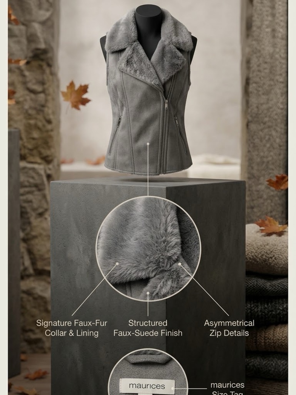 Maurices Gray Faux-Suede Vest with Faux-Fur Collar